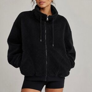 Zara TRF Black Faux Shearling Zip Up Bomber Jacket M Oversized‎ Cozy Gorpcore